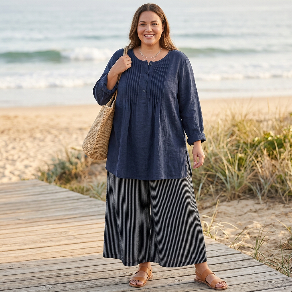 Farah┃Solid color, casual tunic with buttons - Plus size model