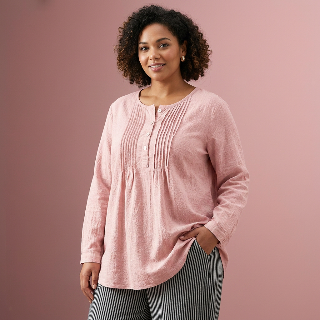 Farah┃Solid color, casual tunic with buttons - Plus size model