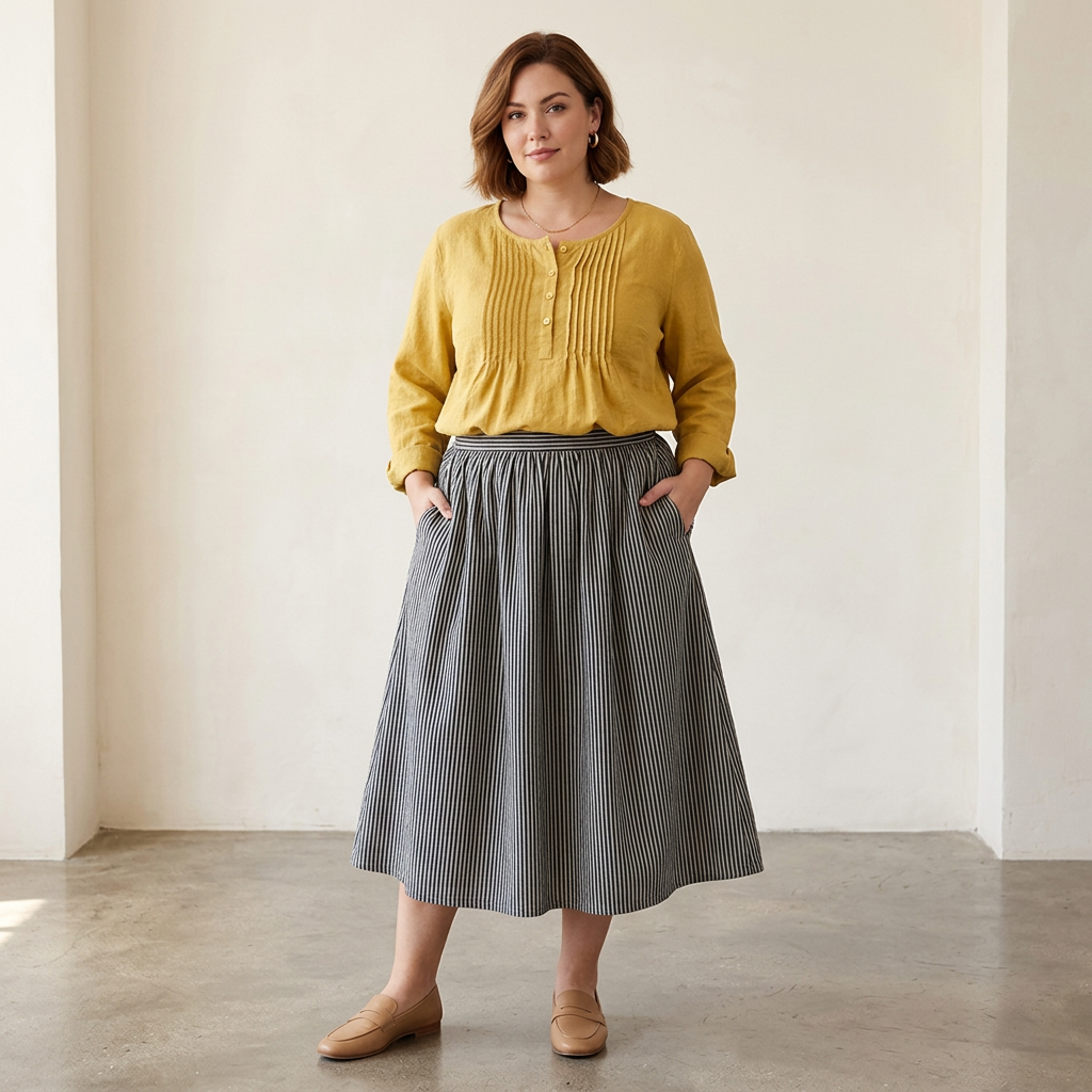 Farah┃Solid color, casual tunic with buttons - Plus size model