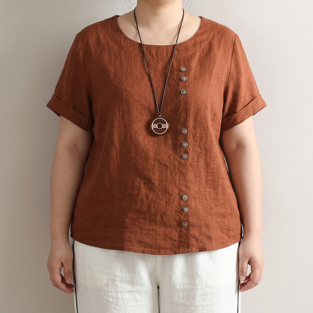 Joline round neck button-up T-shirt - Plus size model
