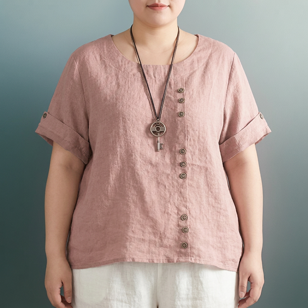Joline round neck button-up T-shirt - Plus size model