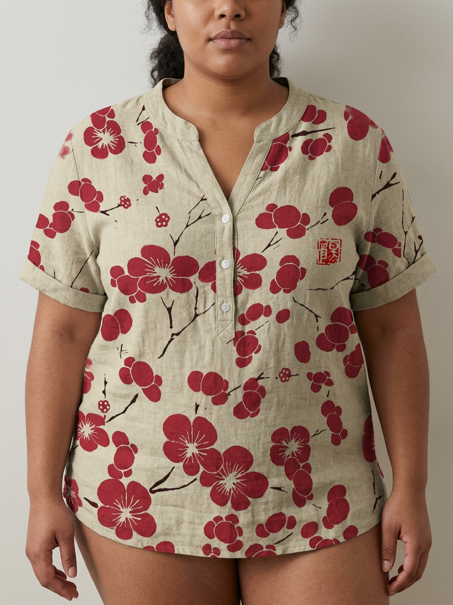 Lina | Japanese blouse with cherry blossom - Plus size model