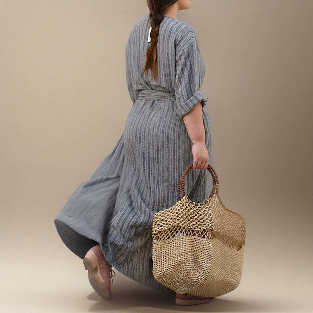 Hailey┃Casual long dress with vintage stripes and V-neck - Plus size model