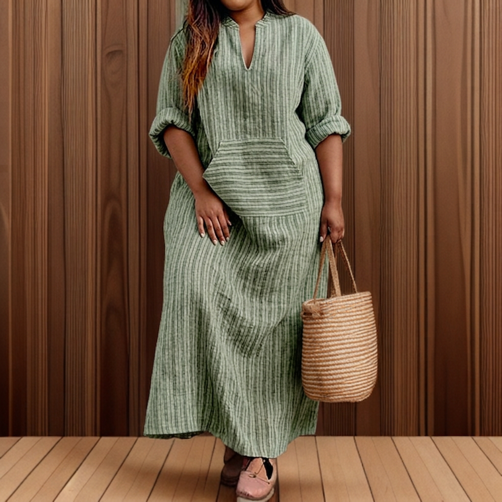 Hailey┃Casual long dress with vintage stripes and V-neck - Plus size model