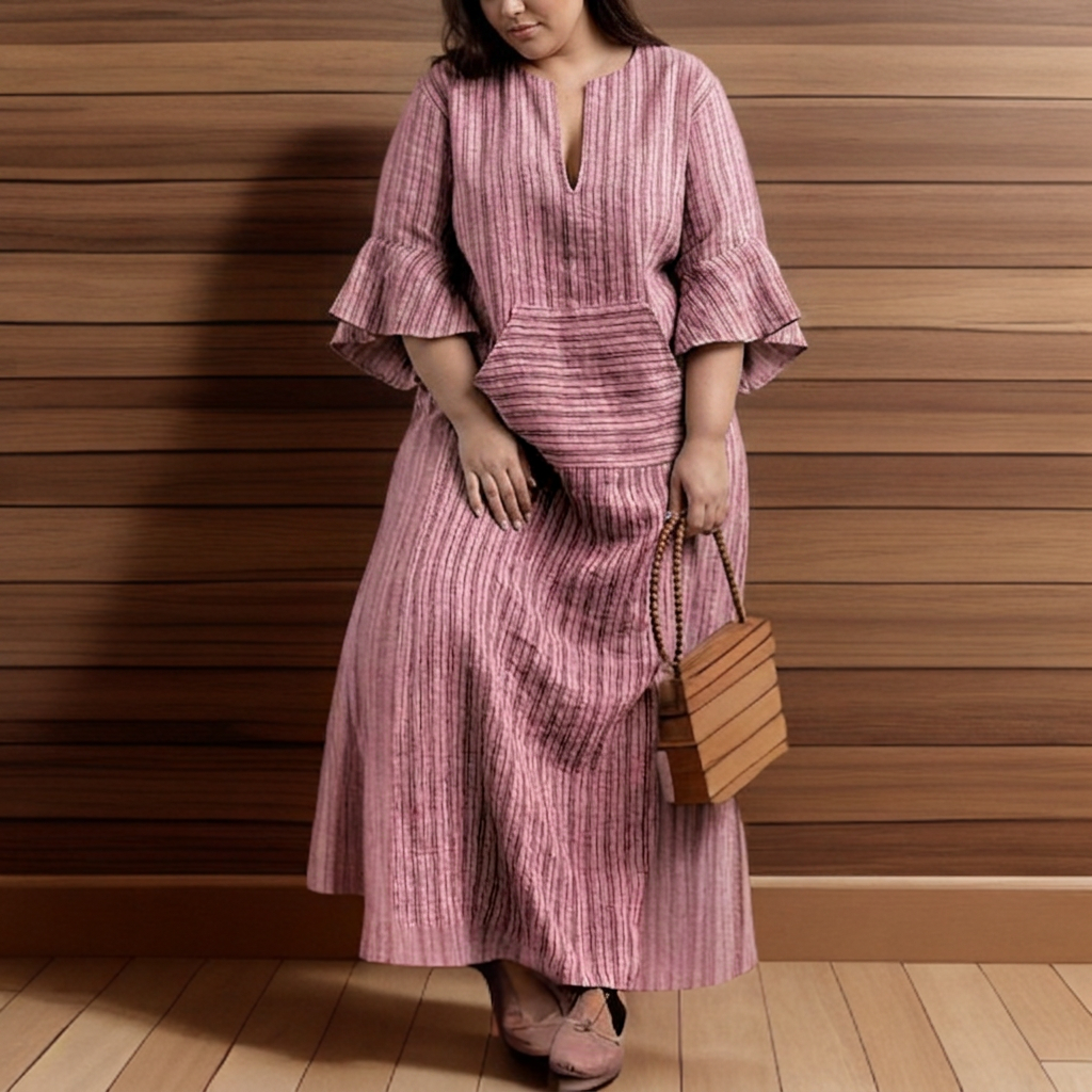 Hailey┃Casual long dress with vintage stripes and V-neck - Plus size model