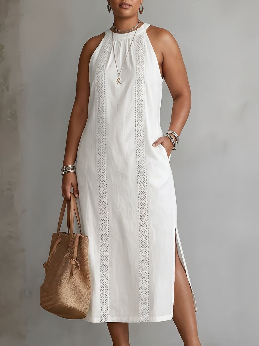Elina | Linen midi dress with mandarin collar - Plus size model