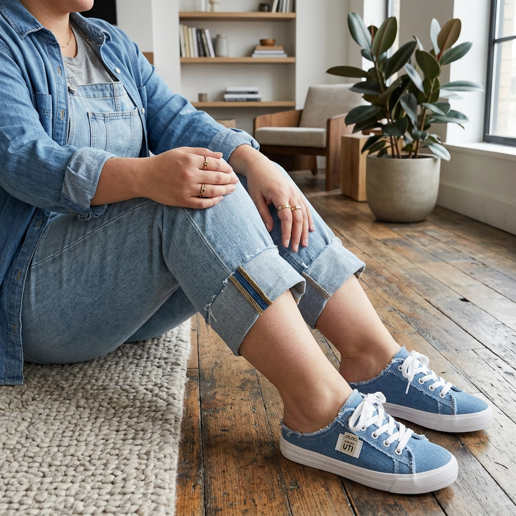 Women’s Frayed Denim Mule Sneakers - Plus size model