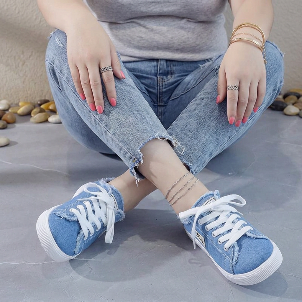 Women’s Frayed Denim Mule Sneakers - Plus size model