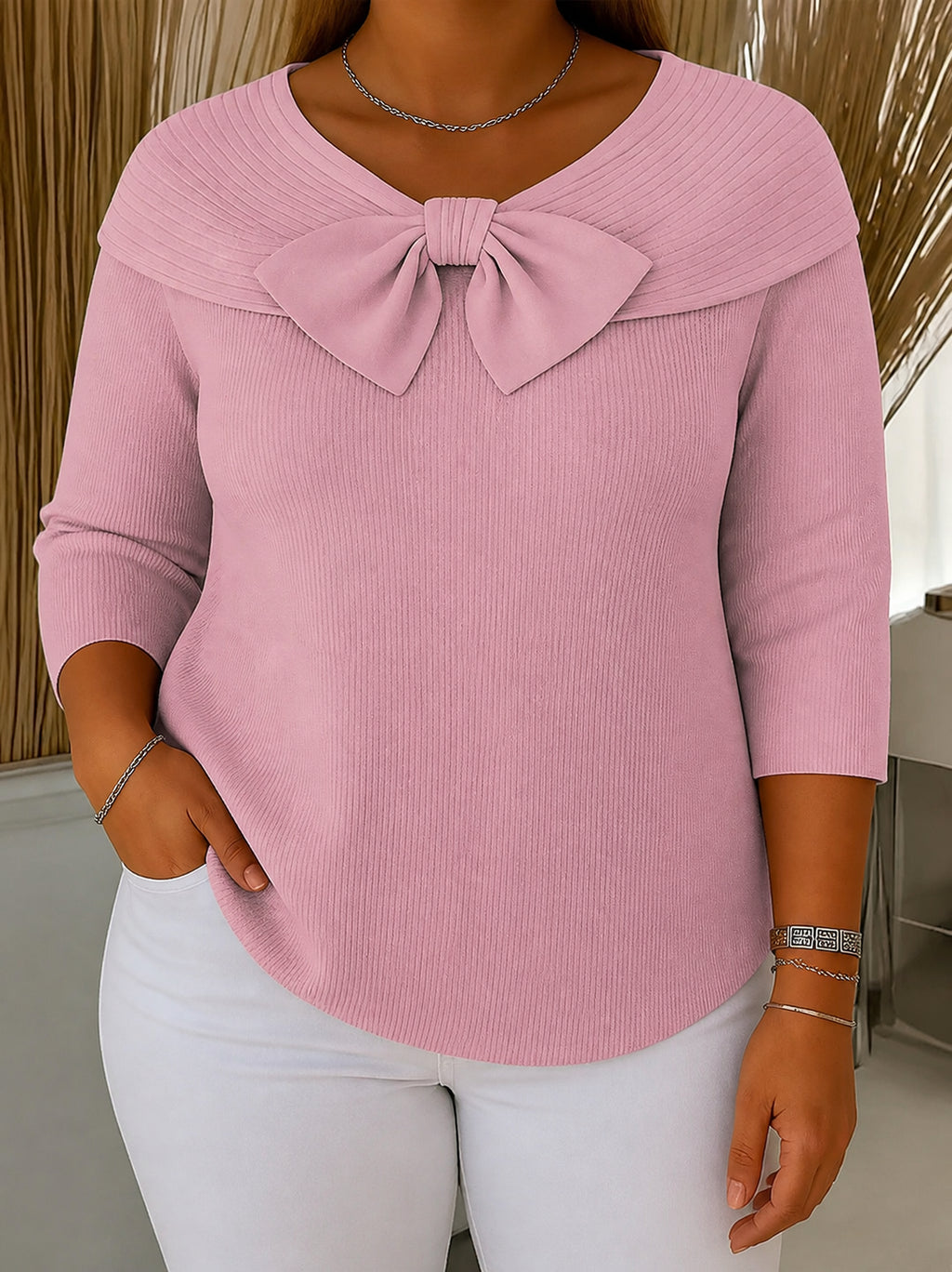 Tivella | Sweater with Bow and Round Neckline - Plus size model