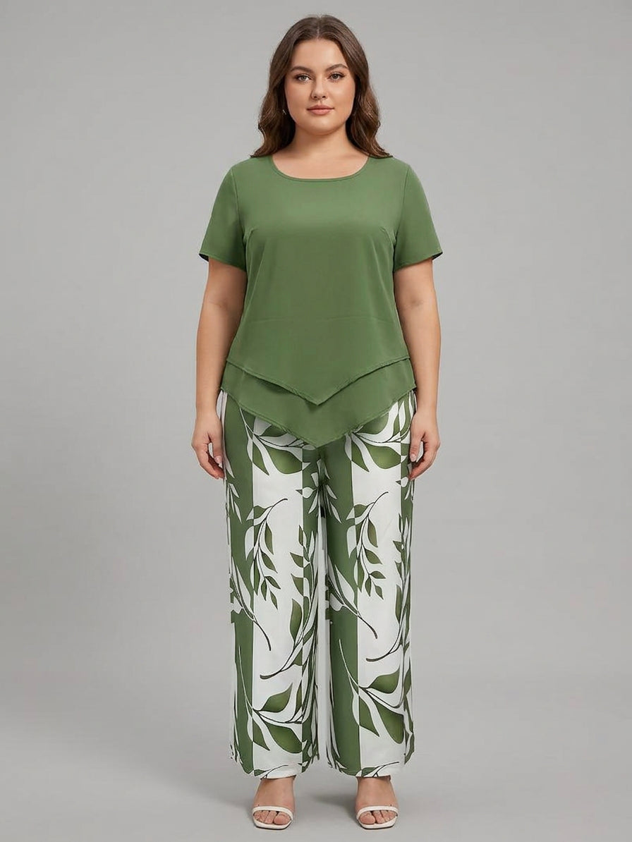 Avy™ | Casual Leaf Print Two-Piece Set - Plus size model