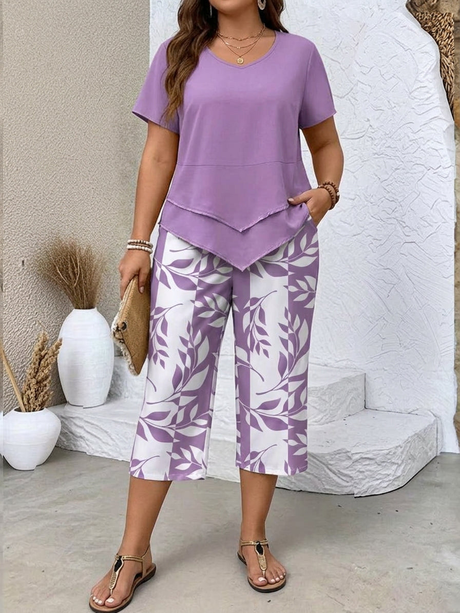 Avy™ | Casual Leaf Print Two-Piece Set - Plus size model