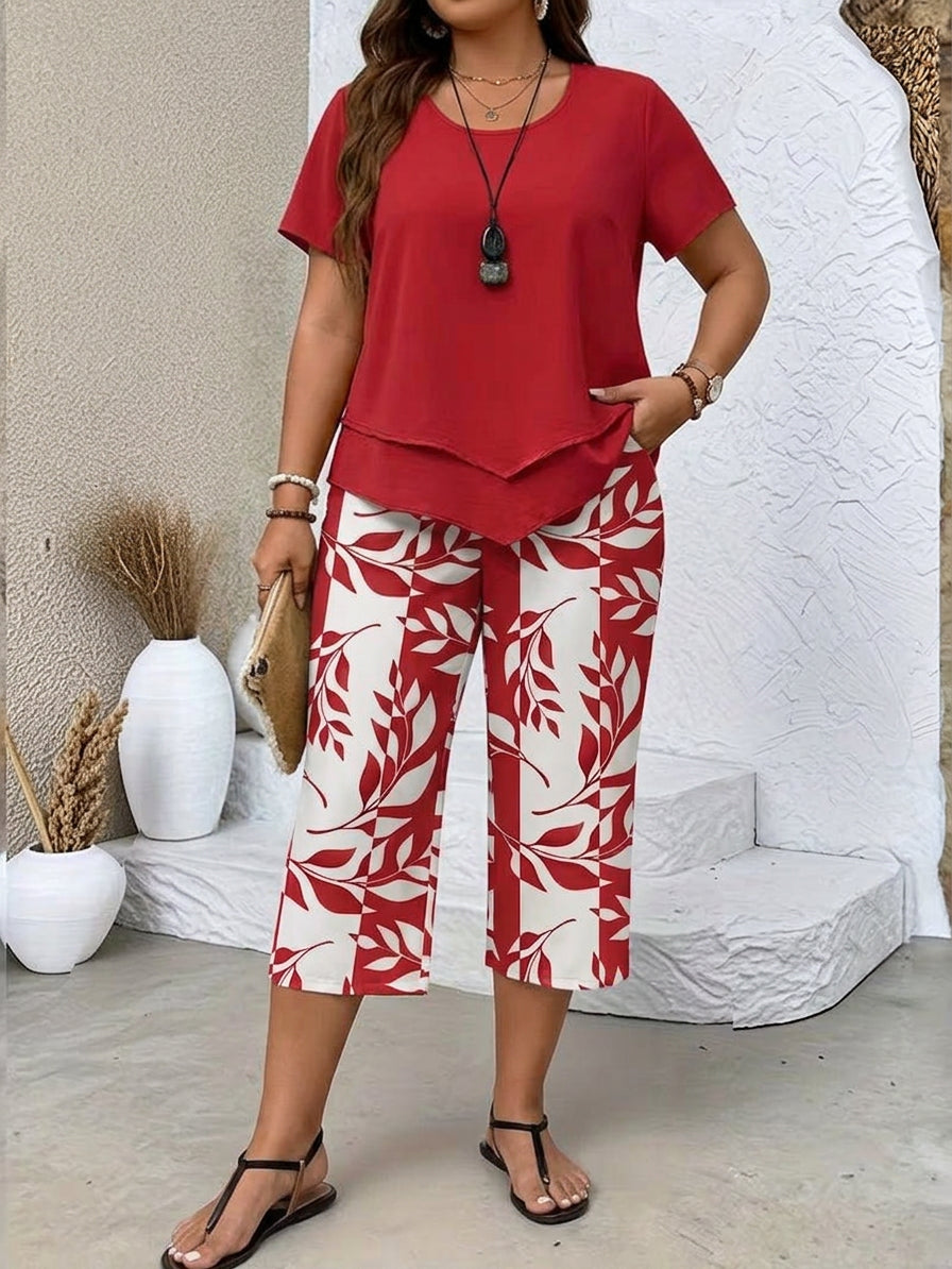 Avy™ | Casual Leaf Print Two-Piece Set - Plus size model