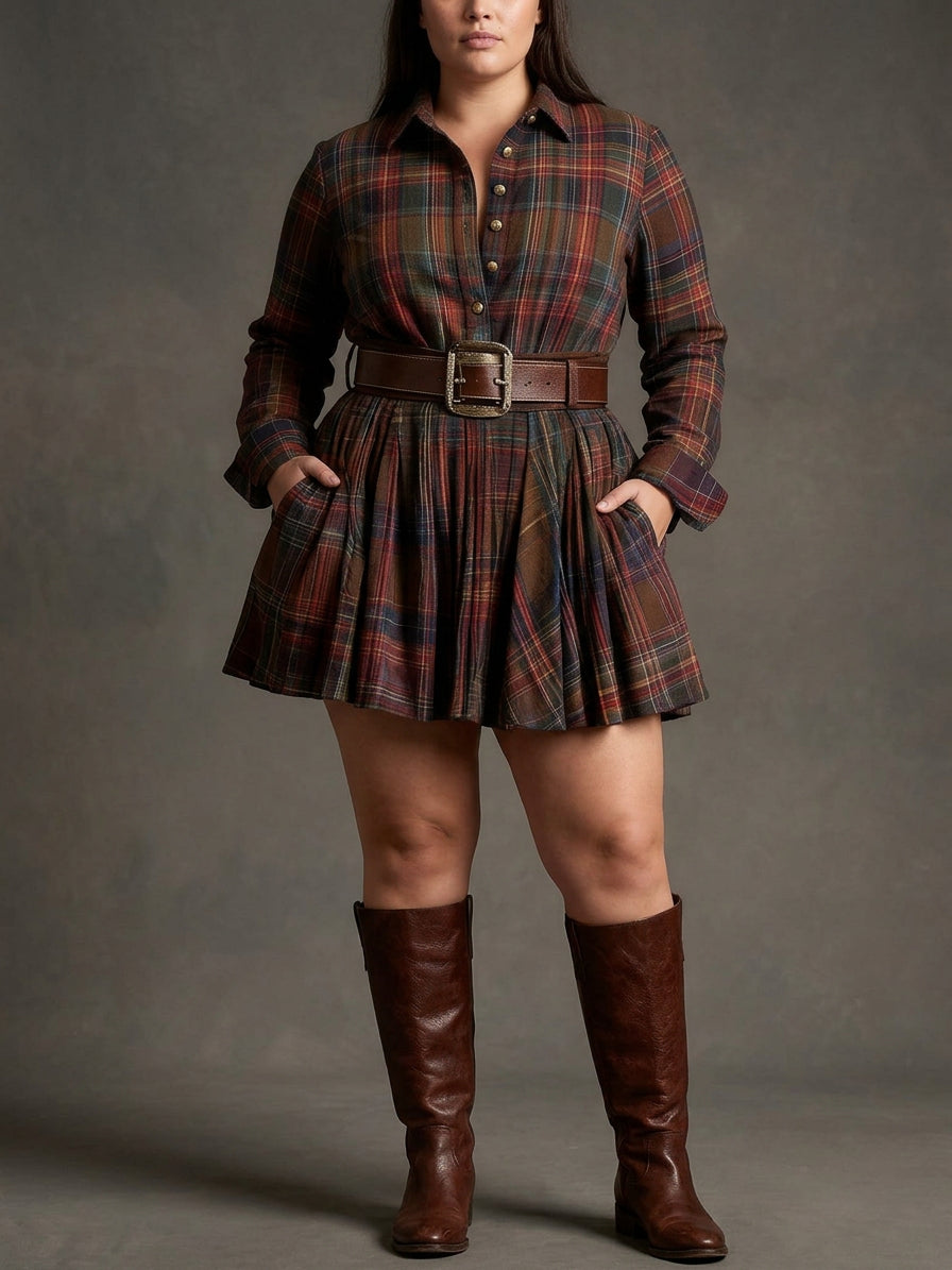 Vintage Red and Brown Checked Mini Dress (Includes Belt) - Plus size model