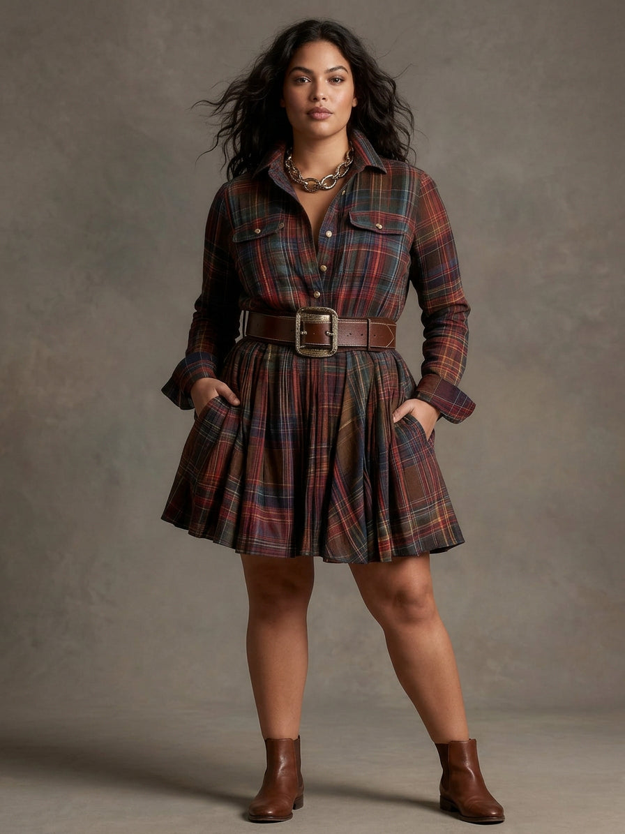 Vintage Red and Brown Checked Mini Dress (Includes Belt) - Plus size model