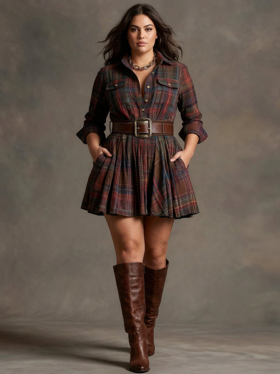 Vintage Red and Brown Checked Mini Dress (Includes Belt) - Plus size model