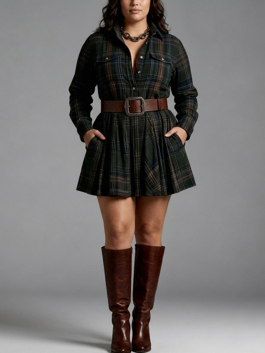 Vintage Red and Brown Checked Mini Dress (Includes Belt) - Plus size model