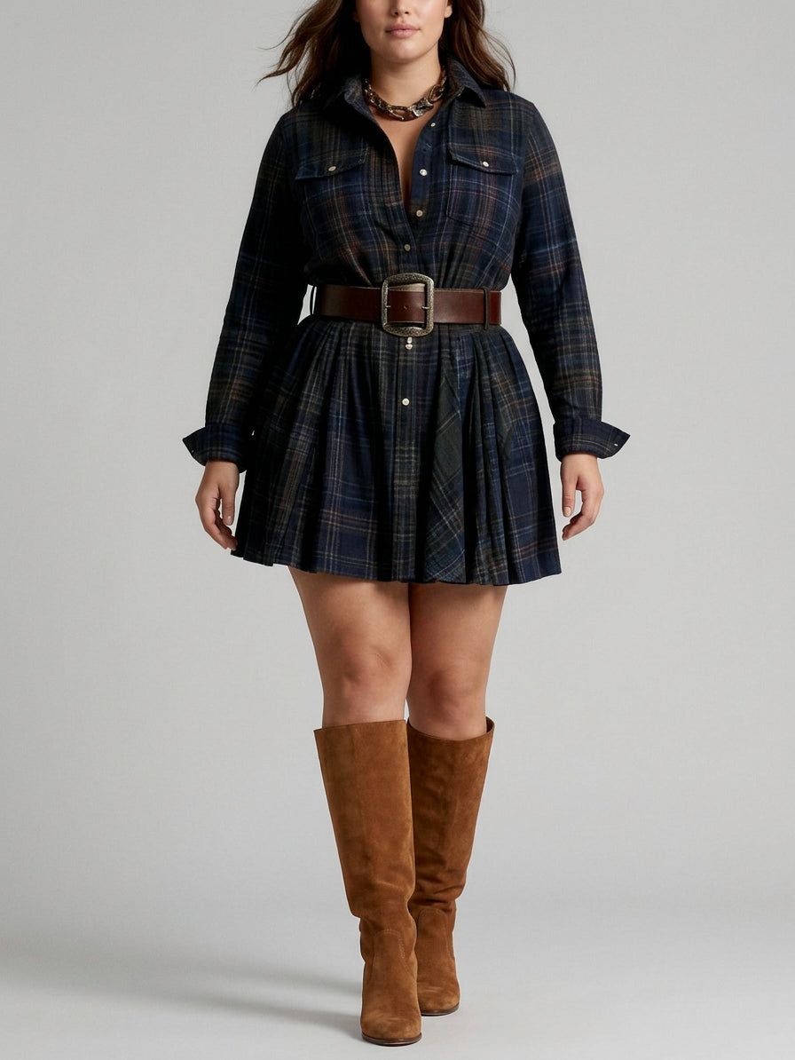 Vintage Red and Brown Checked Mini Dress (Includes Belt) - Plus size model