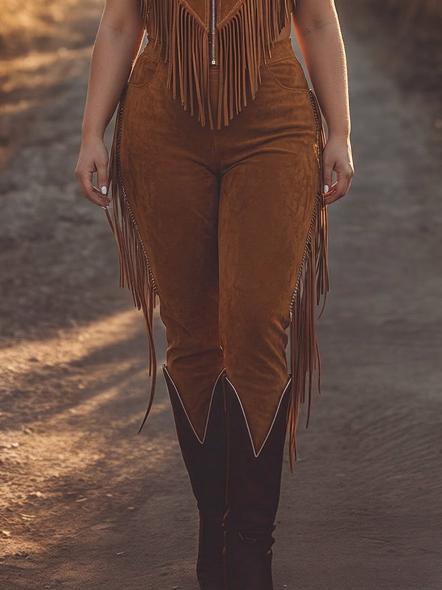 Brittany - Brown Suede Zip-Up Jumpsuit - Plus size model