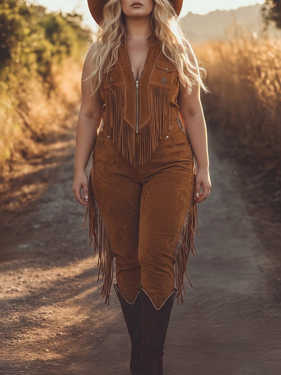 Brittany - Brown Suede Zip-Up Jumpsuit - Plus size model
