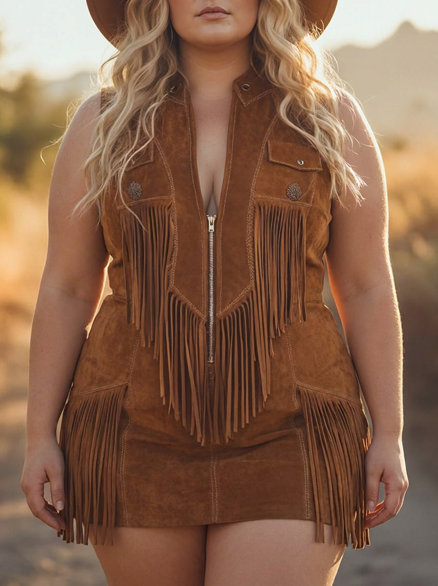 Brittany - Brown Suede Zip-Up Jumpsuit - Plus size model
