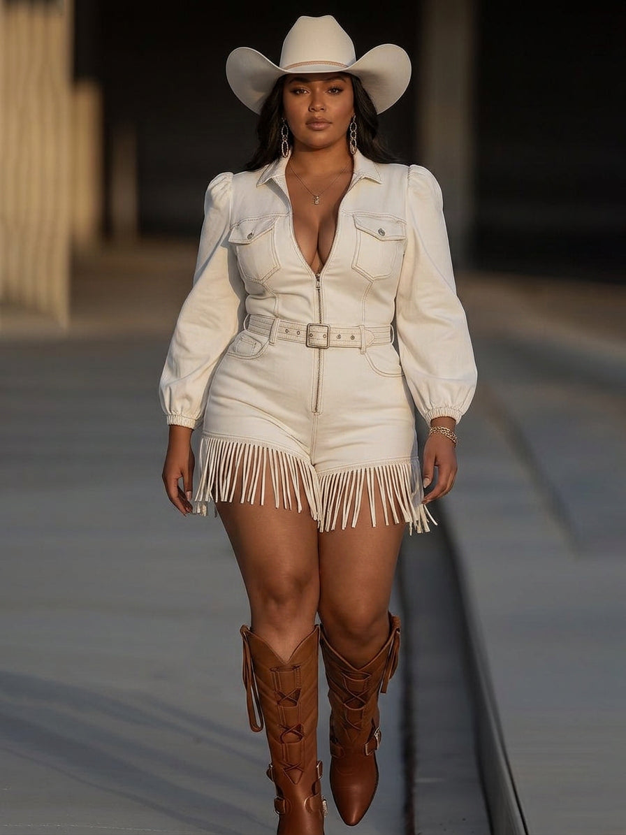 Chelsea – Retro Fringe Denim Mini Dress - Plus size model