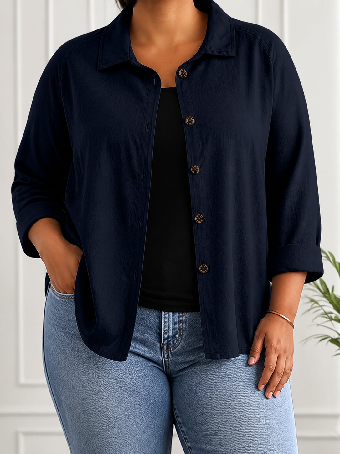 Nancy| Loose Navy Open Shirt with Curved Hem - Plus size model