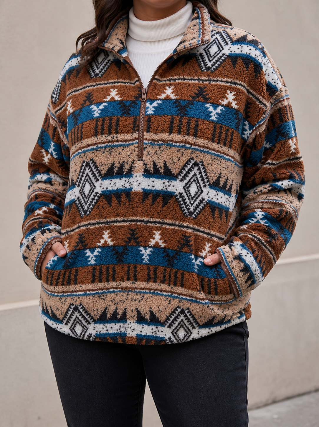Amberlyn™ | Striped Aztec Half-Zip Sherpa - Plus size model