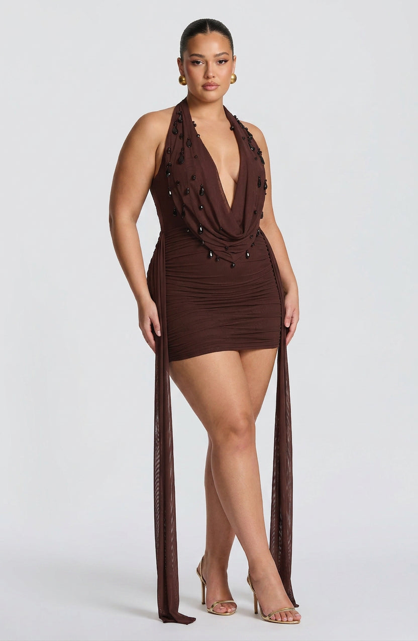 Melona Mini Dress - Plum Brown - Plus size model