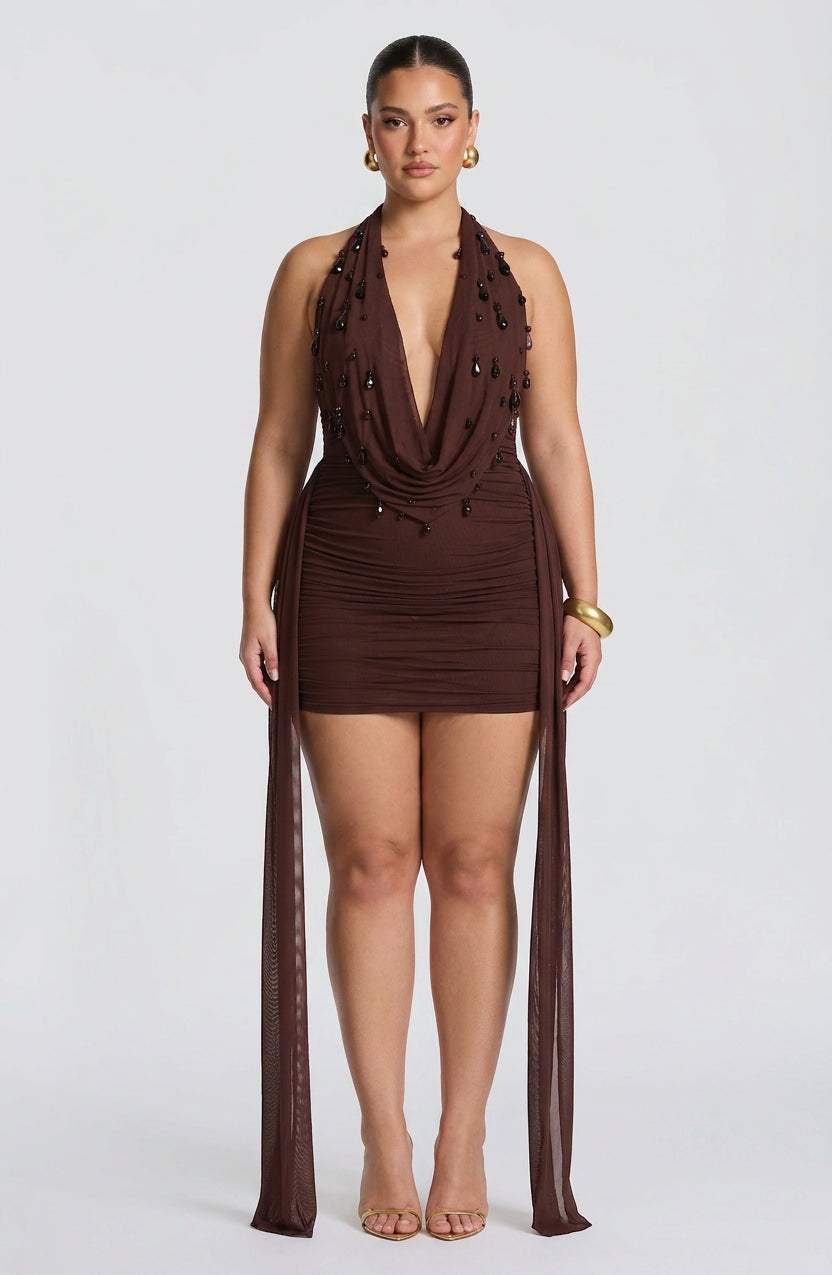 Melona Mini Dress - Plum Brown - Plus size model