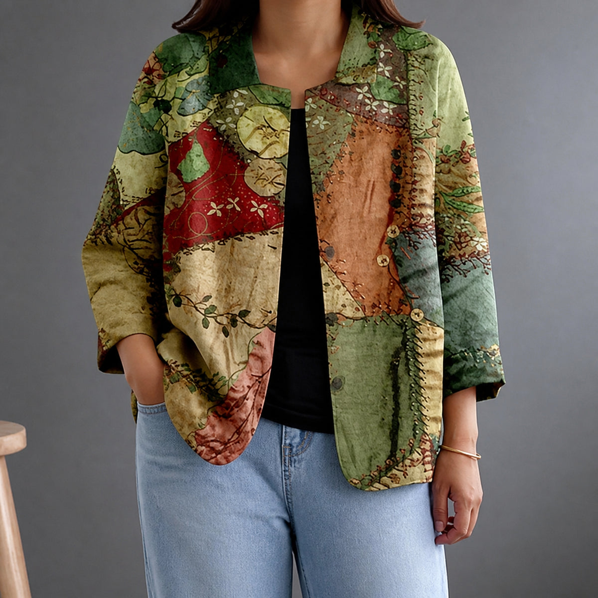 Katalin | Patchwork Print Relaxed Open Shirt - Plus size model