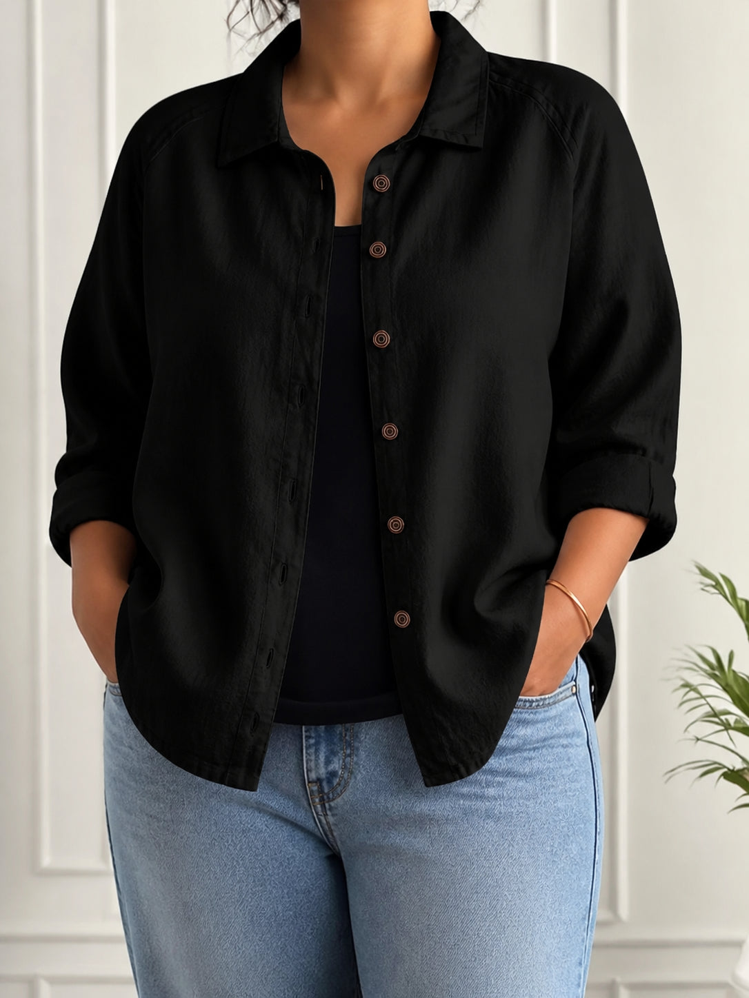 Patricia | Relaxed Black Button-Through Blouse - Plus size model