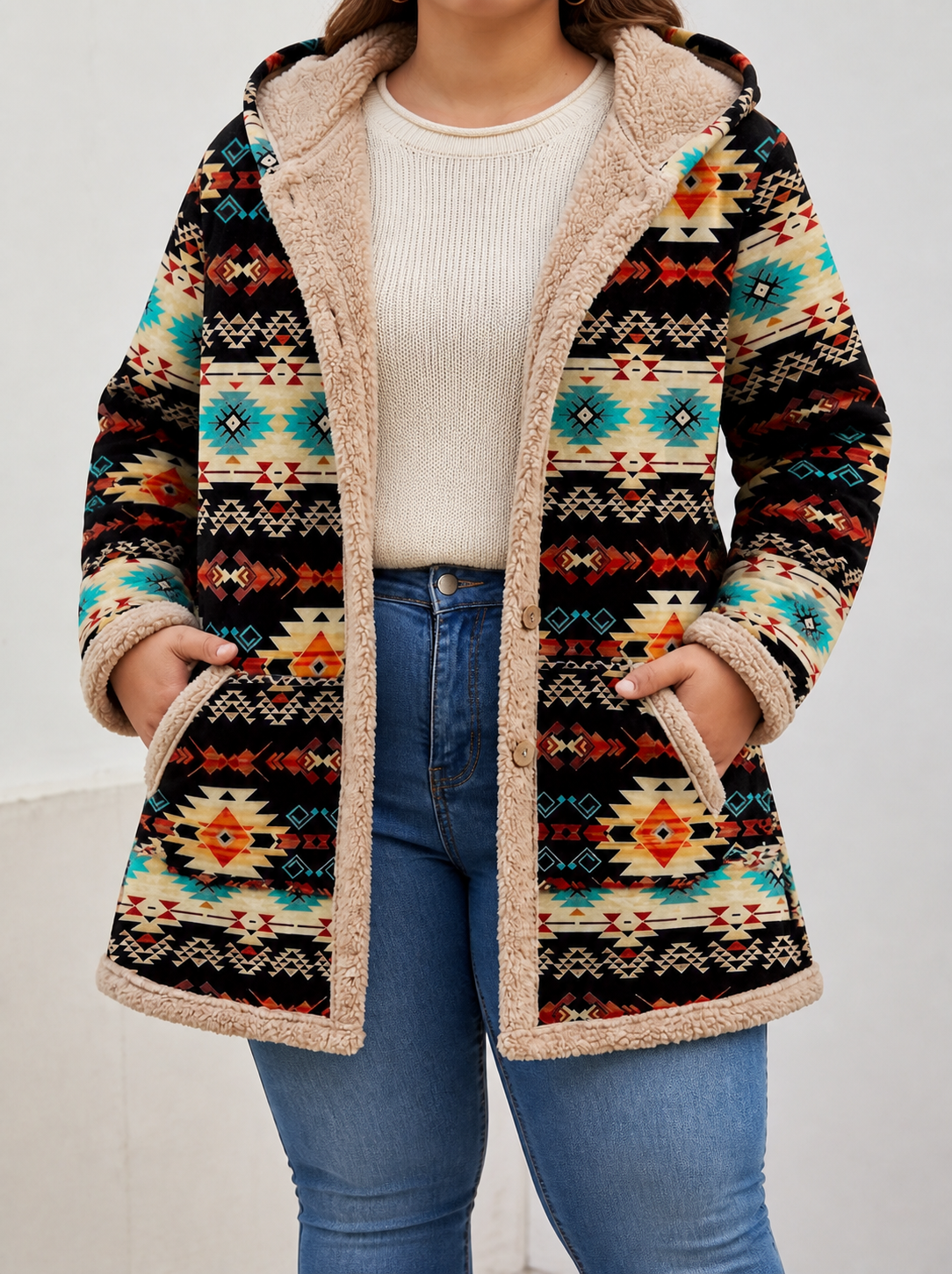 Sableen™ | Hooded Aztec Longline Cardigan - Plus size model