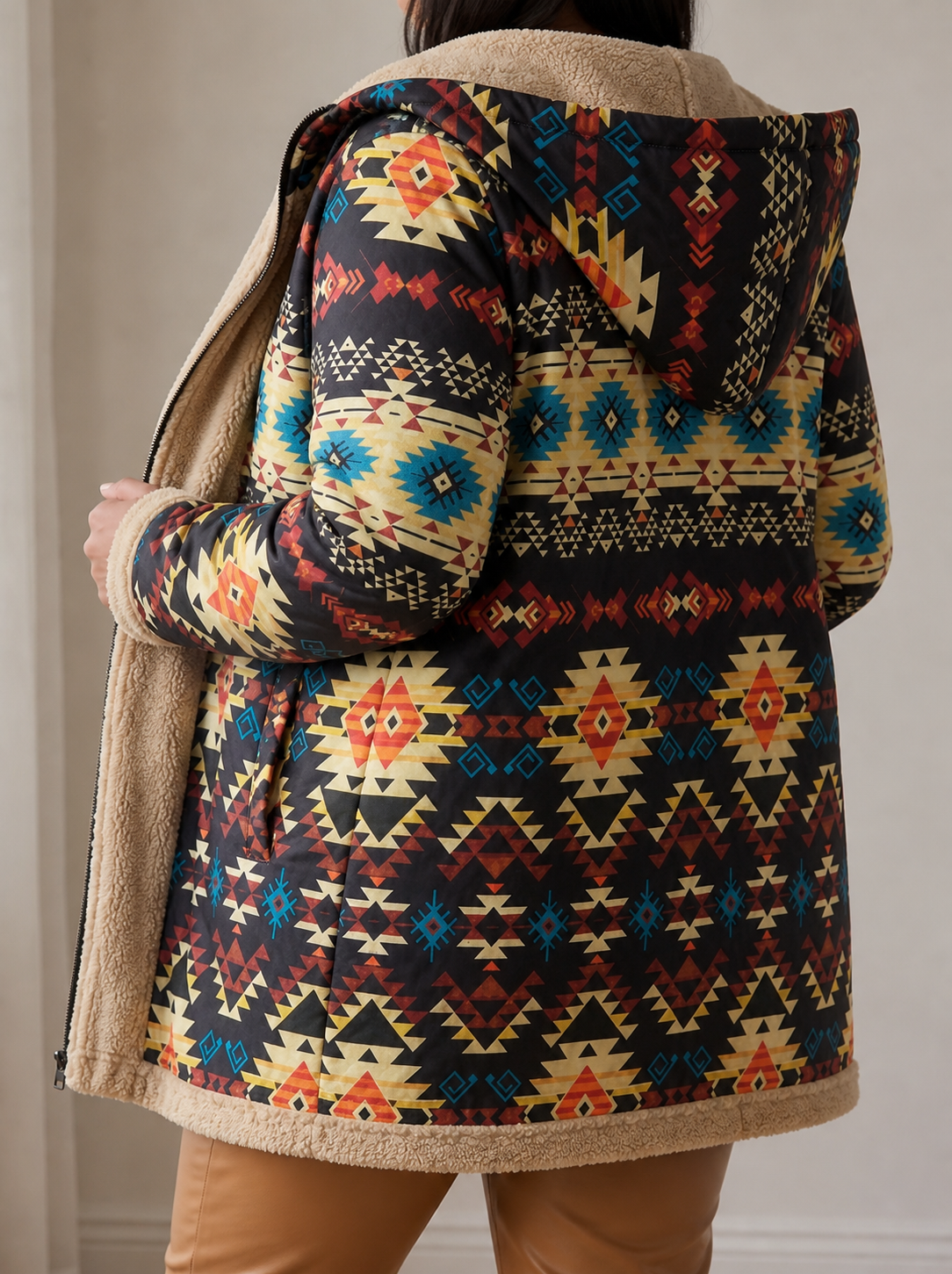 Sableen™ | Hooded Aztec Longline Cardigan - Plus size model