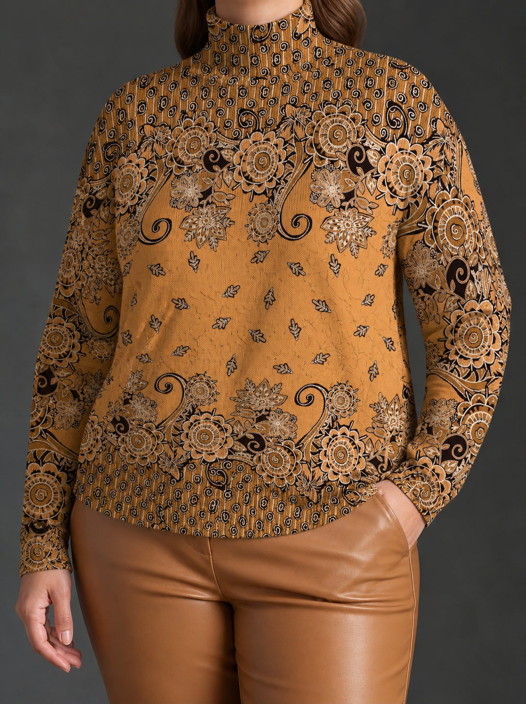 Oleander | Caramel Paisley Turtleneck - Plus size model