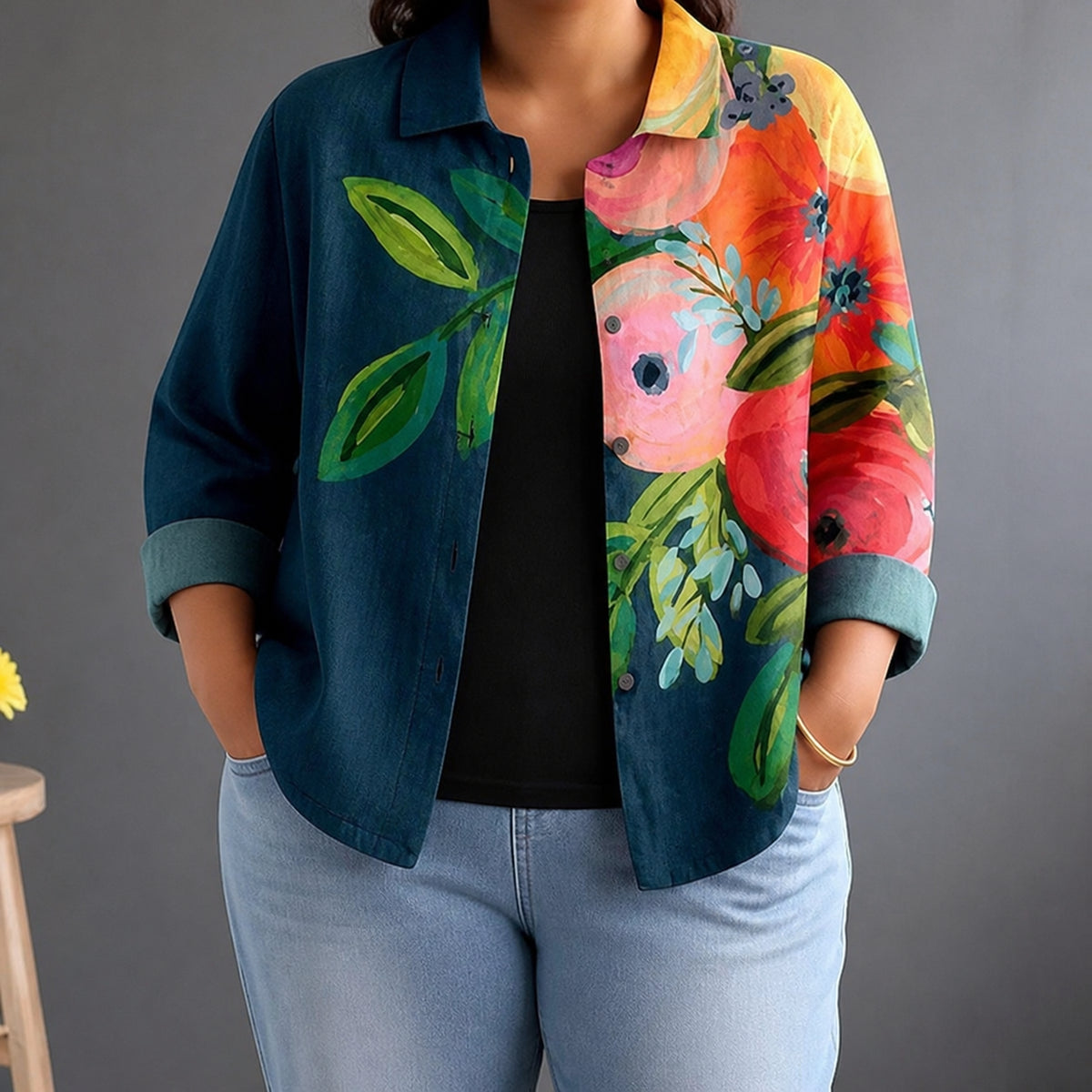 Janet | Painterly Poppy Print Shirt - Plus size model