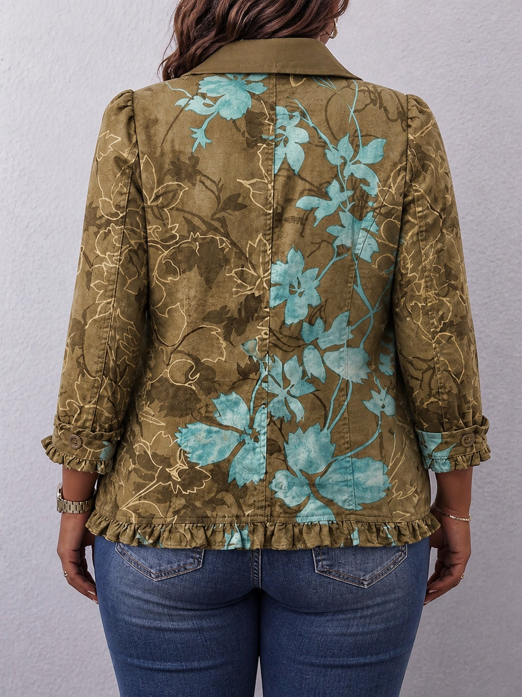 Sundara | Boho Gradient Vintage Floral Ruffle Jacket - Plus size model