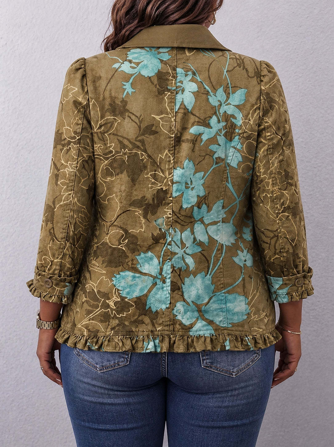 Sundara | Boho Gradient Vintage Floral Ruffle Jacket - Plus size model