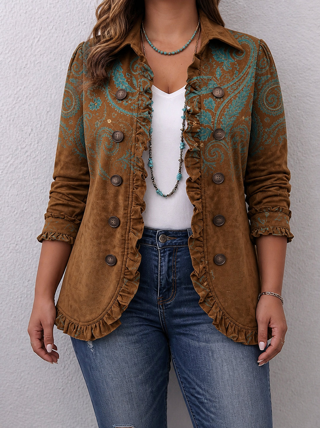 Goldenridge | Paisley Print Ruffle Jacket - Plus size model
