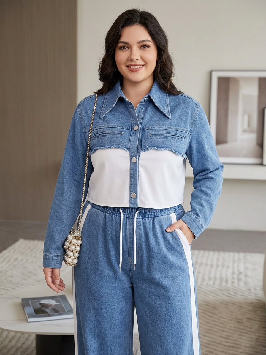 Holbrook | Color-Block Cropped Jacket & Wide-Leg Pants Set - Plus size model