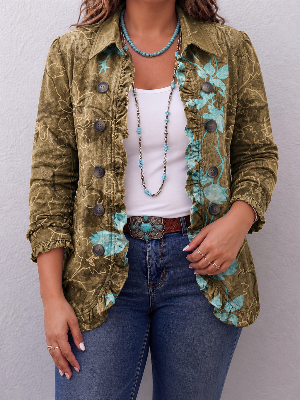 Sundara | Boho Gradient Vintage Floral Ruffle Jacket - Plus size model