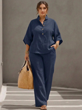 Maribel - Complete linen set with batwing sleeves and wide pants - Plus size model