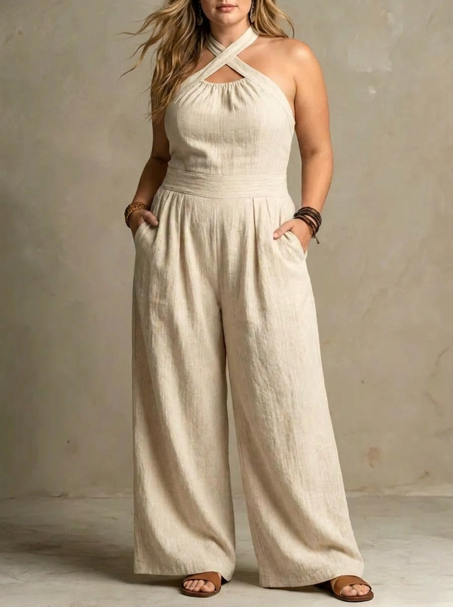 Bianca | Linen and Cotton Jumpsuit with Elegant Cross Neckline - Plus size model