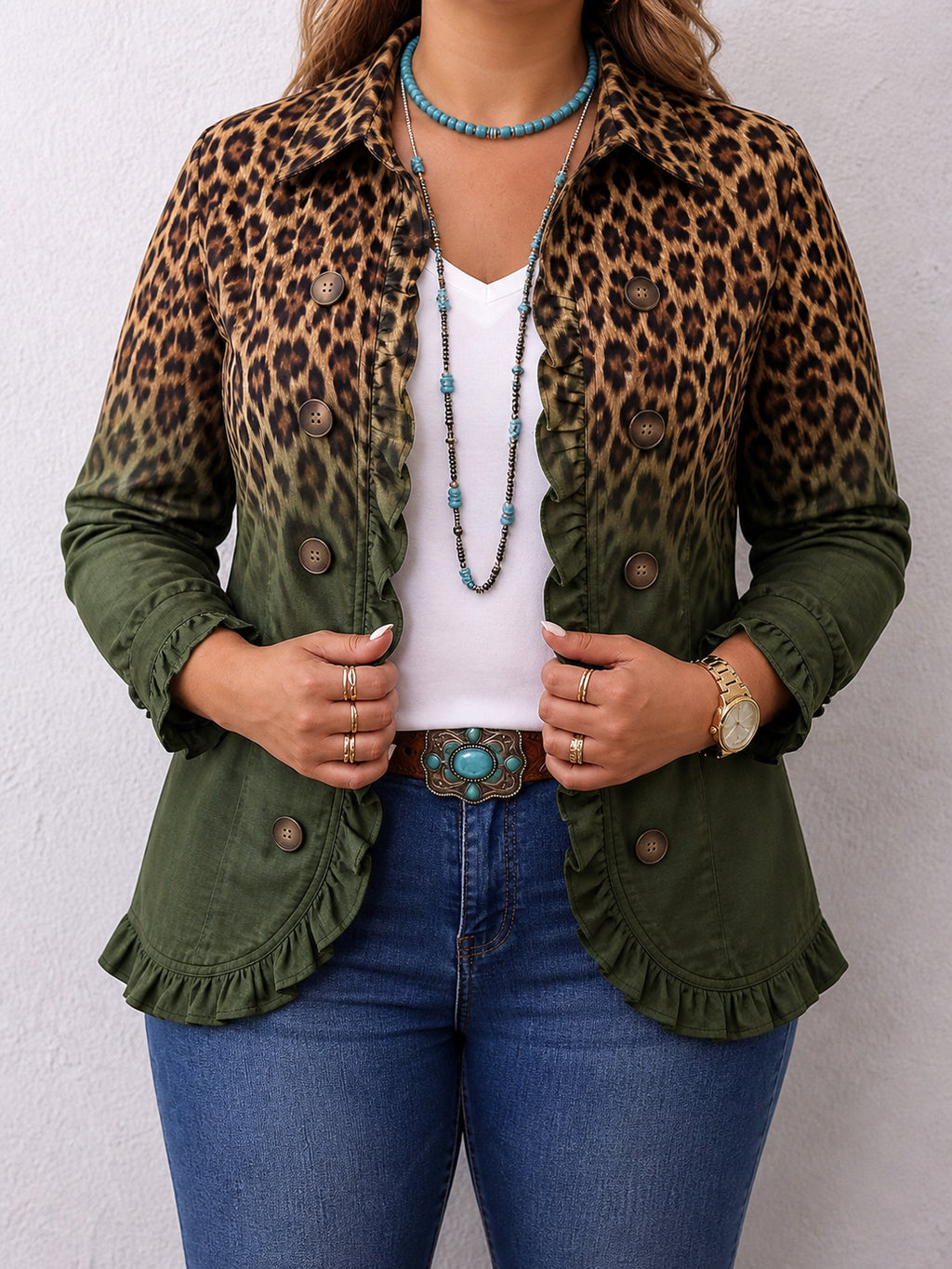 Elspeth | Leopard Ombre Ruffle Blazer Jacket - Plus size model