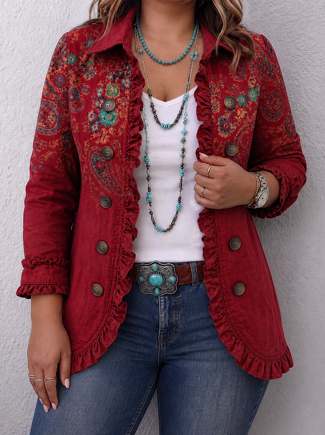 Fayrene | Bohemian Paisley Ruffle Jacket - Plus size model