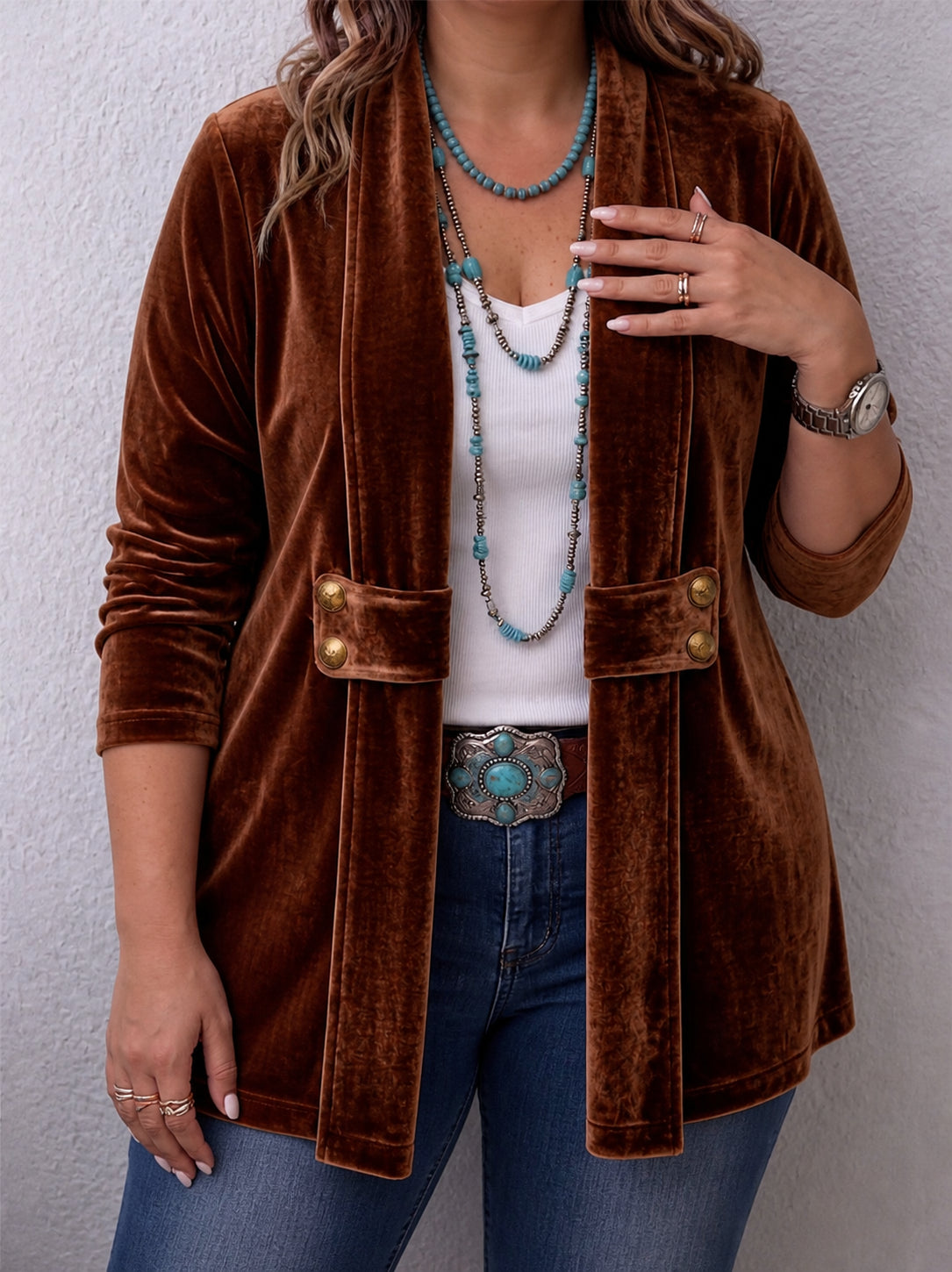 Holliwell | Vintage Lapel Button-Accent Long Sleeve Open Front Jacket - Plus size model