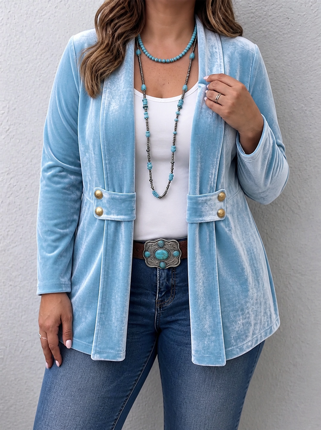 Holliwell | Vintage Lapel Button-Accent Long Sleeve Open Front Jacket - Plus size model
