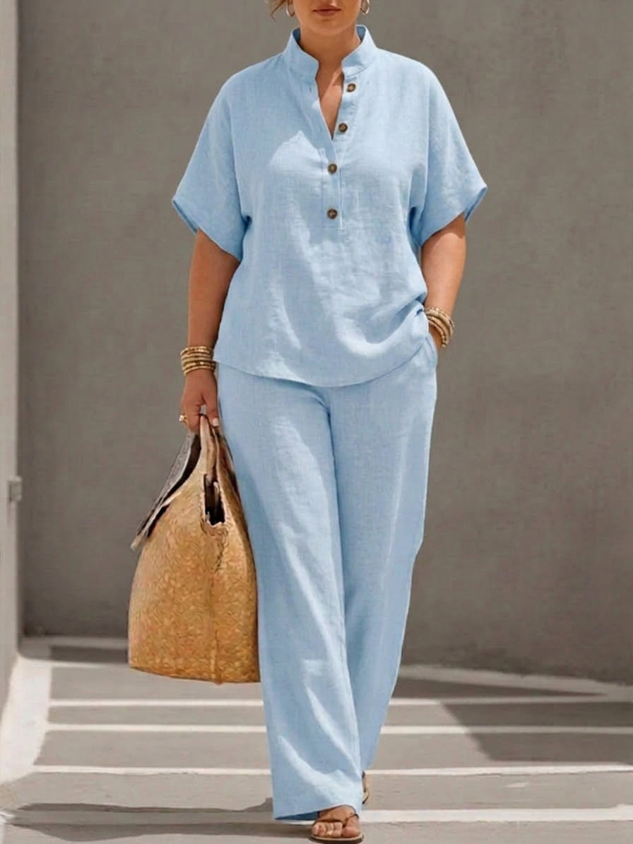 Mariel | Co-ord Set Two-Piece Linen-Effect With Batwing Sleeves & Trousers Flowing - Plus size model