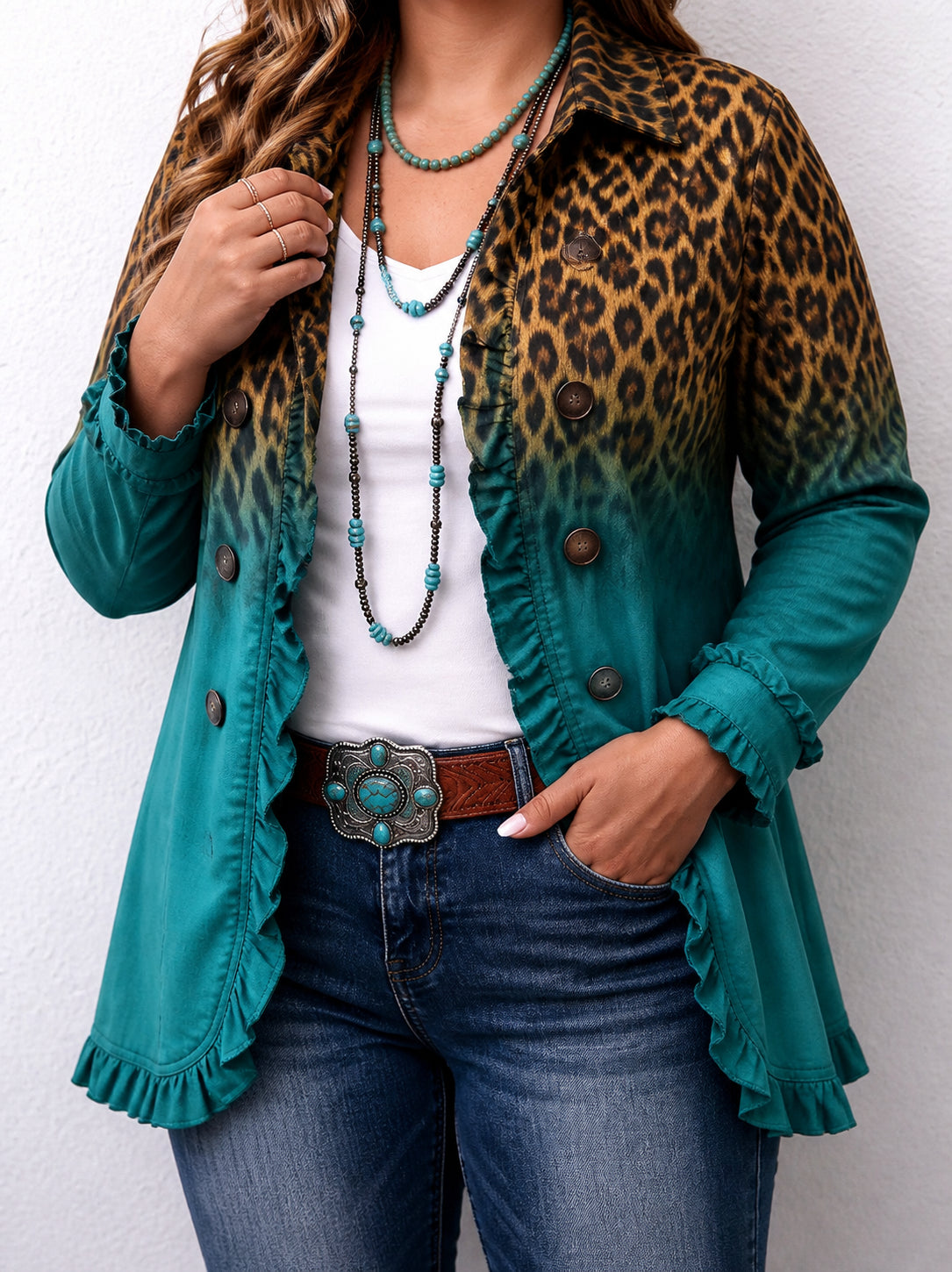 Elspeth | Leopard Ombre Ruffle Blazer Jacket - Plus size model