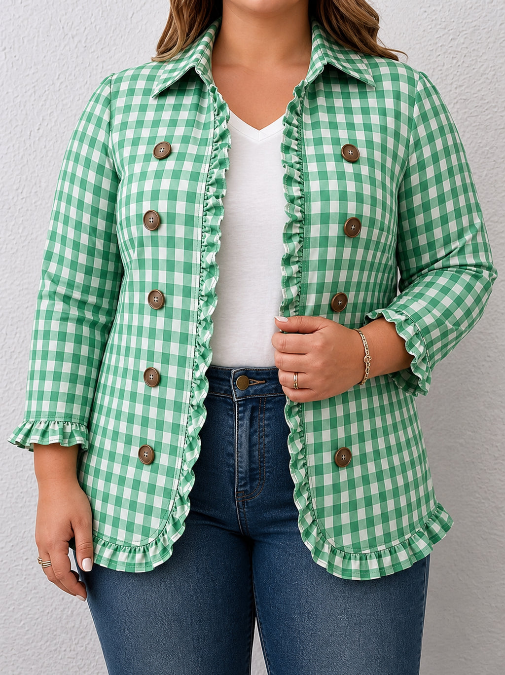 Charlene | Gingham Ruffled Button-Down Jacket - Plus size model
