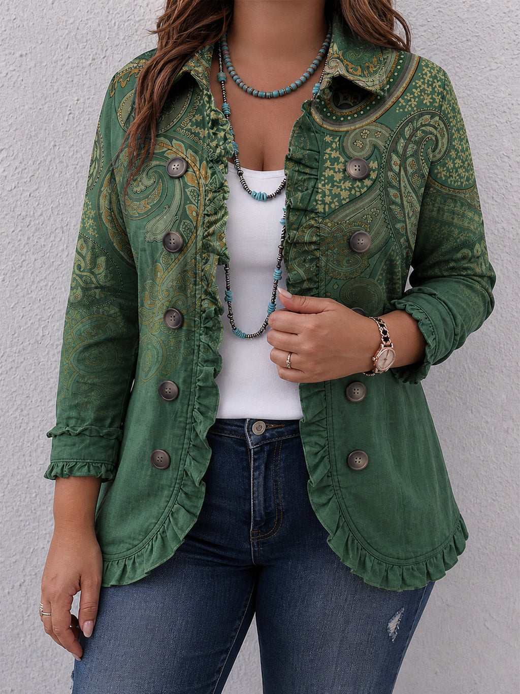 Jemara | Bohemian Paisley Print Ruffled Jacket - Plus size model